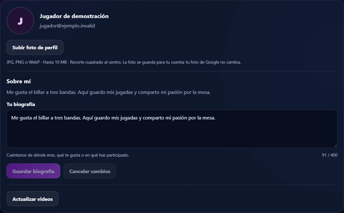 Editor de perfil con foto y biografía de un jugador de demostración