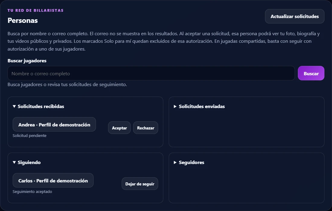 Interfaz de Personas con búsqueda, solicitudes recibidas y jugadores seguidos